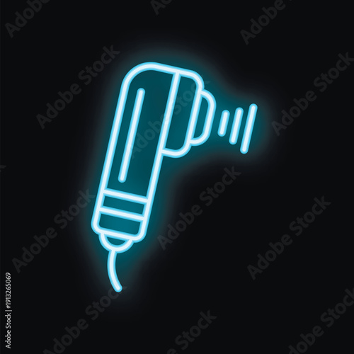 Neon sign of an electric facial cleansing brush glowing on a dark background