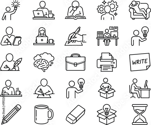 Writing creativity icons set student studying brainstorming office work inspiration idea flat vector illustration education productivity collection