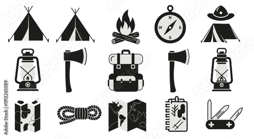 Comprehensive Black and White Silhouette Icons Set for Camping and Outdoor Survival on Isolated White Background