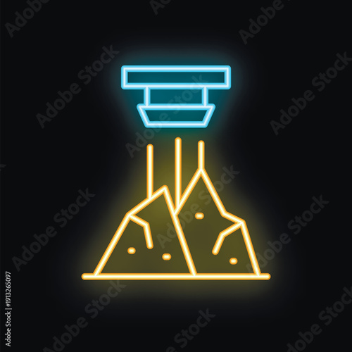 Neon glowing icon of a mining excavator extracting minerals from the ground