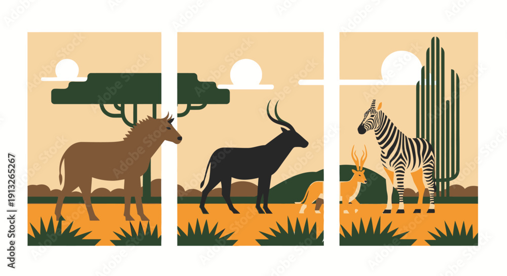 Fototapeta premium Panoramic view of diverse African savanna wildlife including majestic oryx, graceful gazelle, and striped zebra in a stylized desert landscape with trees and plants.