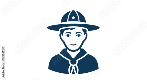 Blue flat design icon of a friendly scout wearing a hat and uniform with a neckerchief, symbolizing youth adventure and outdoor activities on isolated white background.