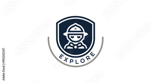 Minimalist 'Explore' Shield Badge Logo with a Cute Scout Figure on Isolated White Background