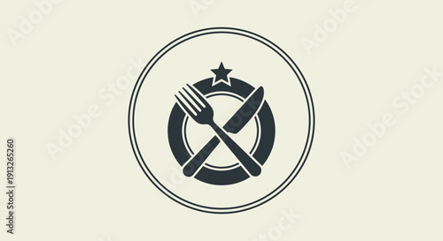 Elegant circular restaurant logo with crossed fork and knife, accented by a star, symbolizing premium culinary quality and fine dining on a subtle light background.