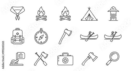 Collection of Camping and Outdoor Adventure Outline Icons in Bright Studio