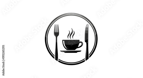 Hot Coffee Cup with Fork and Knife Icon Representing Restaurant on Isolated White Background