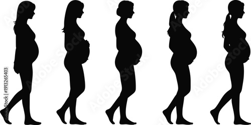 Pregnant women silhouette set, maternity female standing poses collection, expecting mother figures, isolated black pregnancy icons, flat vector illustration
