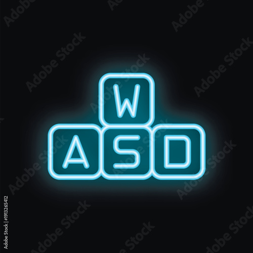 Blue neon wasd keys glowing on a black background, perfect for gaming, esports, and technology themes