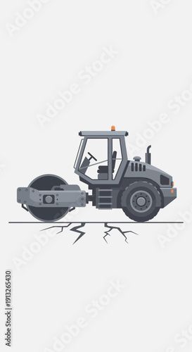 Heavy Duty Steamroller Compacting Cracked Ground Surface Equipment Illustration