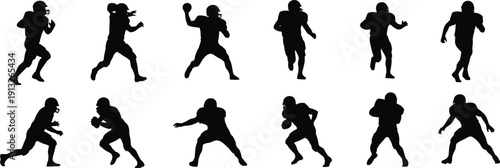 American Football Player Silhouette Set Running Passing and Tackling Action Poses Isolated on Light Background Professional Sport Vector Illustration Collection