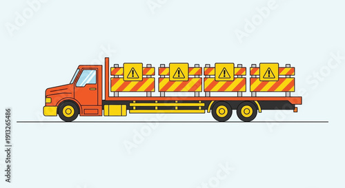 Heavy Duty Truck Transporting Construction Barriers With Warning Signs