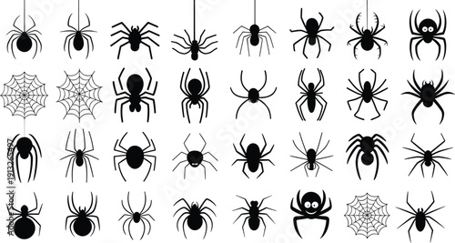 Spider silhouettes collection featuring arachnids, spider webs, creepy crawlers, Halloween elements, insect shapes, and detailed black vector illustration