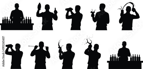 Bartender silhouette set mixing cocktails behind bar counter, isolated black vector collection of male barman preparing drinks in action