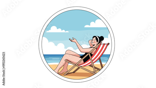 Young woman in a black swimsuit relaxing on a red striped lounge chair at the beach, seen through a circular white window frame.