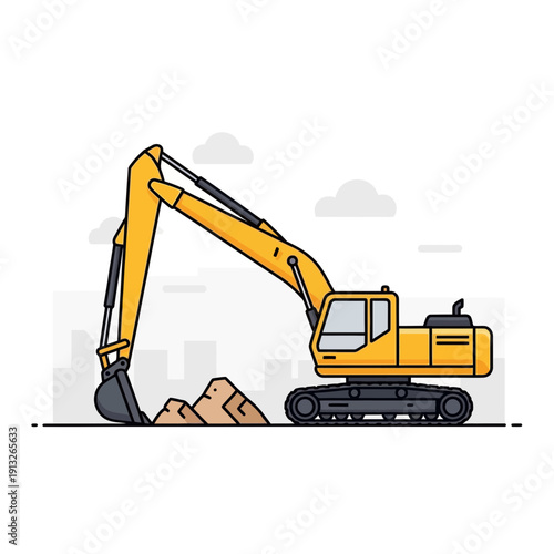 Heavy Duty Yellow Excavator Digging Dirt On Cityscape Background Construction Machine In Action