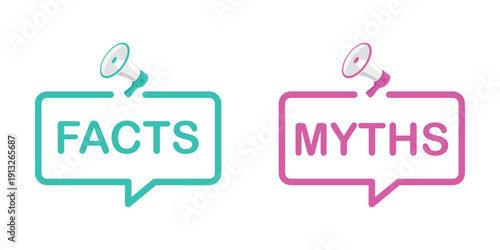 Facts vs myths. Concept of thorough fact-checking or easy compare evidence. Badges for marketing and advertising. Vector illustration