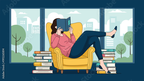 Young woman sitting in a yellow armchair reading a book, surrounded by stacks of books in front of a wide city view window display.