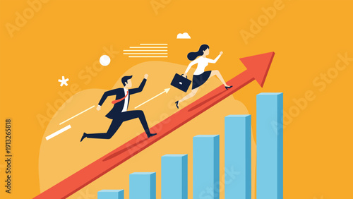Businessman and businesswoman running upwards on a large red rising arrow over a bar graph, symbolizing rapid business growth.