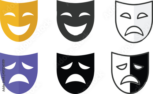 Theatrical Comedy and Tragedy Masks Set Illustrating Human Emotions, Drama Performance, Expressive Faces Icons for Theater, Arts, and Creative Design