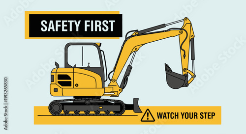 Heavy Equipment Safety Banner Featuring Excavator Machine and Warning Signs