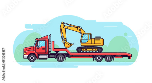 Heavy Equipment Transport Flatbed Truck Illustration