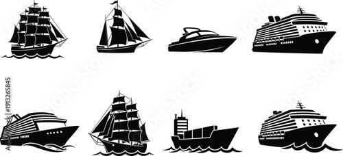 Ship and boat vector icons set, sailing ship, cruise liner, yacht, cargo vessel silhouettes isolated white backgroundv