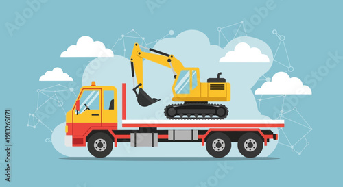 Heavy Equipment Transported By Truck For Construction Projects