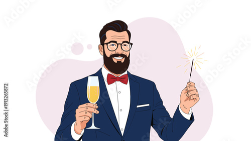 Handsome bearded man in a formal tuxedo holding a glass of champagne and a burning sparkler, celebrating a festive special event.
