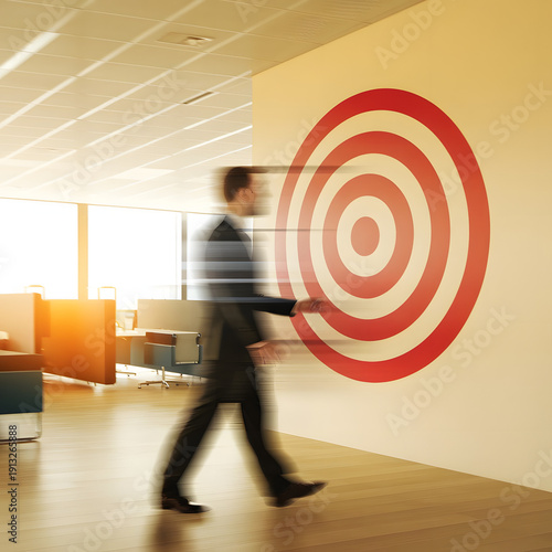 Businessman launching startup rocket icon toward target, representing business growth, innovation, future strategy, goal achievement, and success in digital transformation.