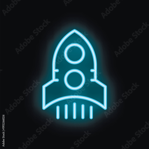 Blue neon sign of a space rocket taking off on a black background