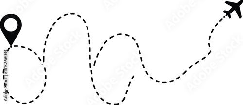 Travel Route Path Illustration with Location Pin and Airplane Icon Showing Journey Direction, Navigation Concept, Trip Planning, and Minimal Vector Design