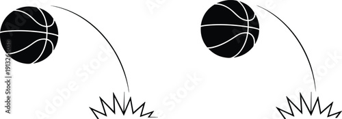 Basketball bounce motion icons showing ball trajectory and impact movement, minimalist black silhouette flat vector illustration for sports animation and game concepts