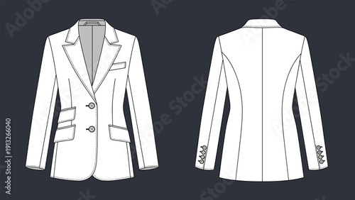 Flat technical sketch showing the front and back views of a classic tailored women's blazer jacket with pockets and button details.