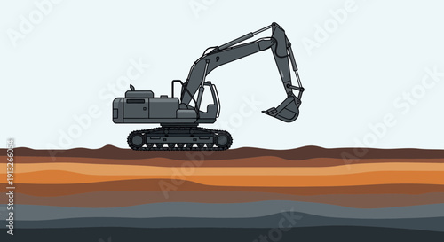 Heavy Excavator Machine Operating On Layered Earth Ground Construction