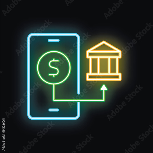 Neon sign of a smartphone transferring money to a bank illustrating the concept of mobile banking