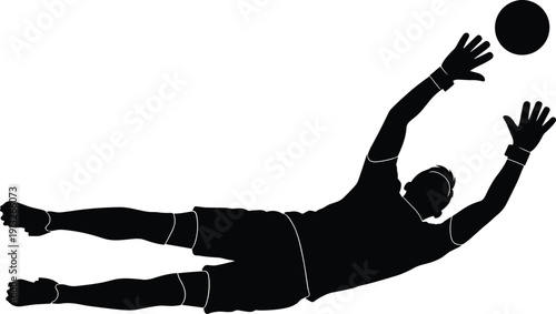 Soccer goalkeeper diving silhouette illustration, football save action pose, sports athlete vector, dynamic goalkeeping moment isolated white background