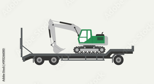 Heavy Excavator Machine Transported On Flatbed Truck Vehicle Illustration