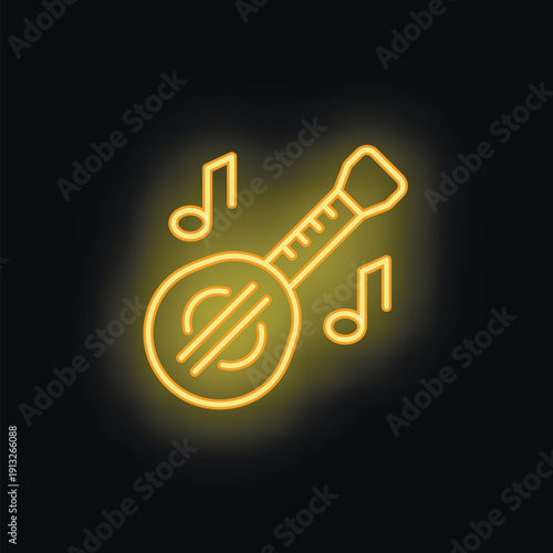 Yellow neon sign of a banjo playing music notes is glowing on a black background