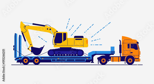 Heavy Excavator Transported Via Flatbed Truck Construction Vehicle Logistics