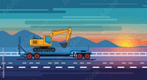 Heavy Excavator Transported Via Flatbed Truck During Sunset Landscape