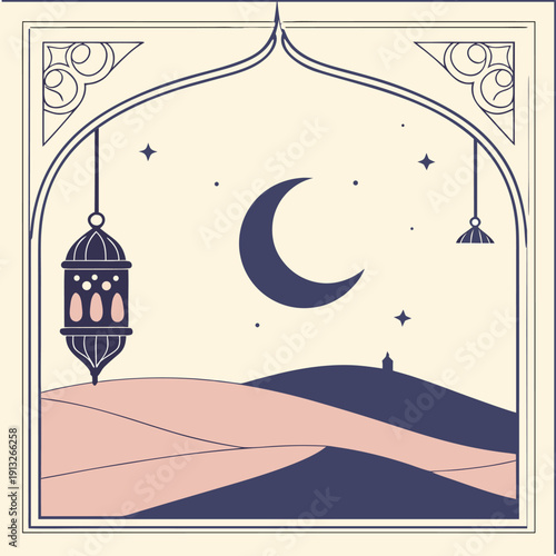 Minimal Ramadan Kareem Desert Night Vector with Crescent Moon and Hanging Lantern