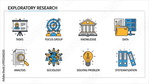 Exploratory Research Concept Vector – Minimal Flat Line Icons for Analysis and Innovation.