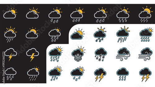 Comprehensive collection of weather icons representing sun, clouds, rain, snow, lightning, and wind on dark and light backgrounds.