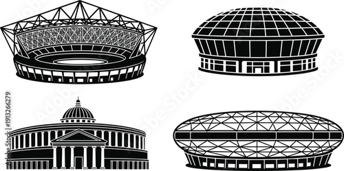 Stadium vector icon set, modern arena silhouettes, sports architecture buildings isolated on white background, illustration design for branding web print