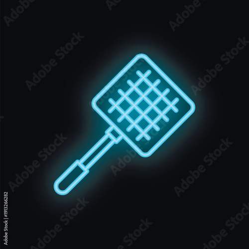 Bright blue neon sign of a fly swatter on black background, great for summer or pest control concepts