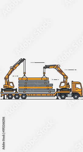Heavy Haulage Truck With Two Cranes Loading Industrial Materials Onto Flatbed