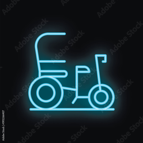 Blue neon icon of a rickshaw shining on a dark background