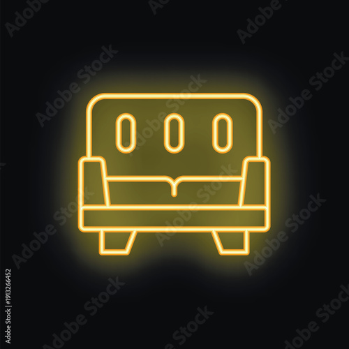 Neon yellow icon of a sofa is glowing against a black background