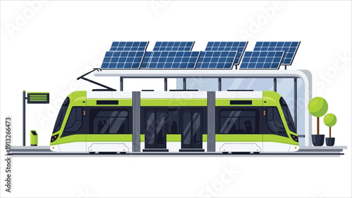 Modern Green Tram at Eco-Friendly Urban Station – Solar Panels and Trees Sustainable Transport Concept.