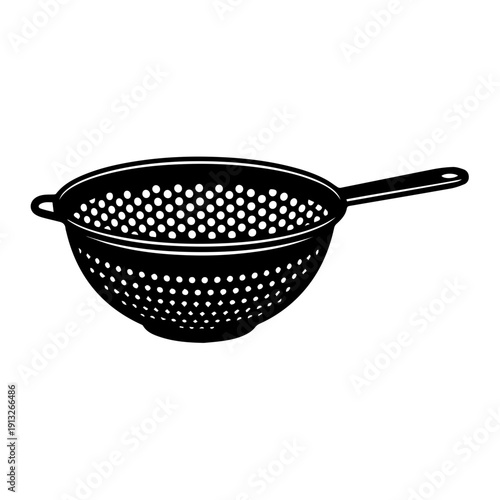 Black perforated metal strainer with a sturdy handle for kitchen use